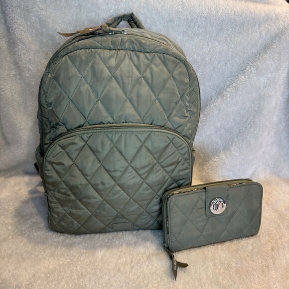Vera Bradley Handbags - Vera Bradley quilted back pack olive leaf green with matching wallet lighten up
